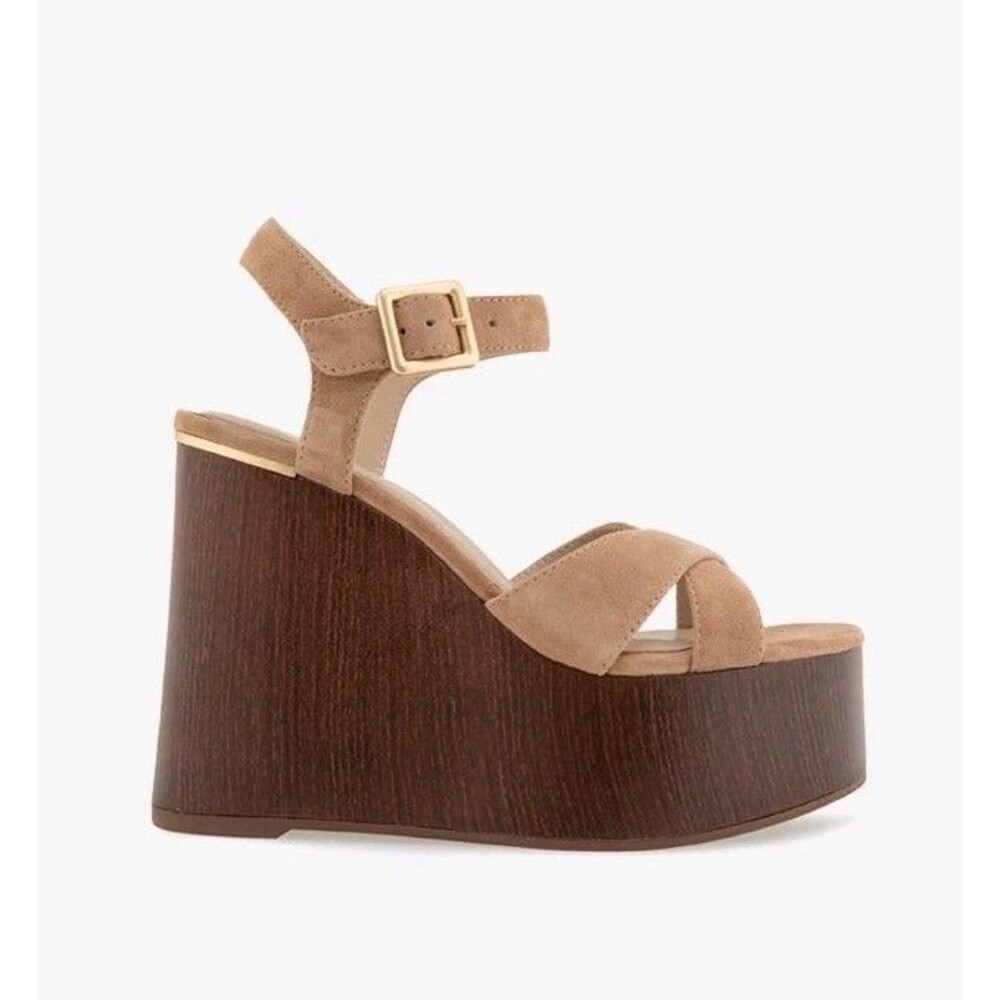 Sz 11 - Kenneth Cole Sandals Tan Taelyn Suede Platform Wedge Wood Grain Heel
